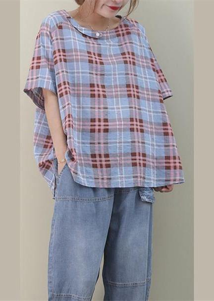 Bohemian o neck Button Down cotton summer tops women Sewing blue plaid blouses - SooLinen