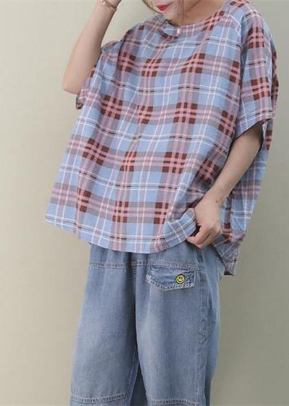 Bohemian o neck Button Down cotton summer tops women Sewing blue plaid blouses - SooLinen