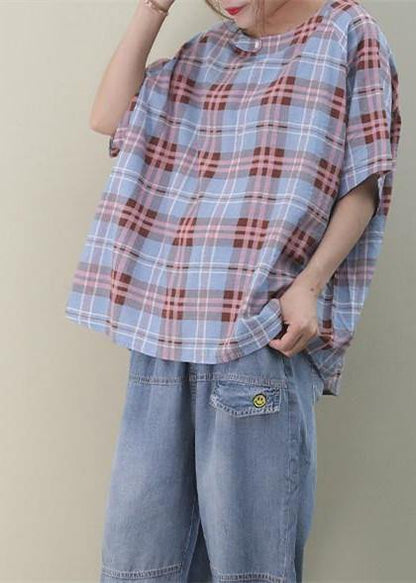 Bohemian o neck Button Down cotton summer tops women Sewing blue plaid blouses - SooLinen