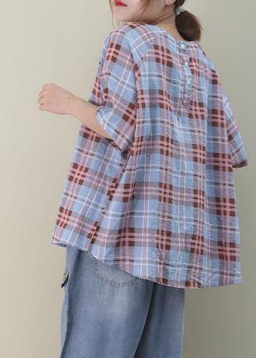Bohemian o neck Button Down cotton summer tops women Sewing blue plaid blouses - SooLinen