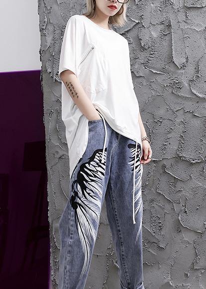 Bohemian o neck asymmetric tunic top Shape white shirts - SooLinen