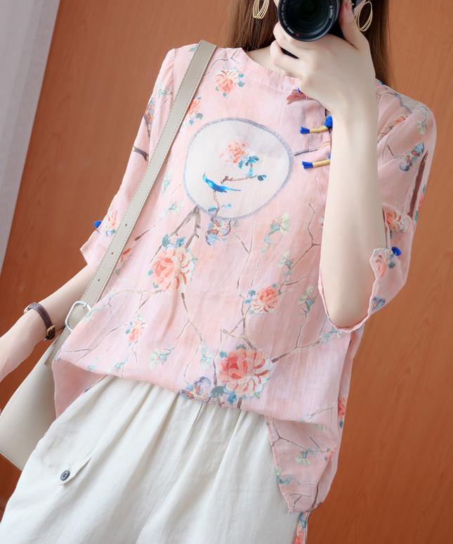 Bohemian o neck half sleeve blouses for women Shirts pink print tops - SooLinen