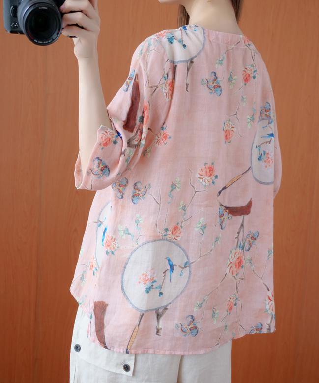 Bohemian o neck half sleeve blouses for women Shirts pink print tops - SooLinen