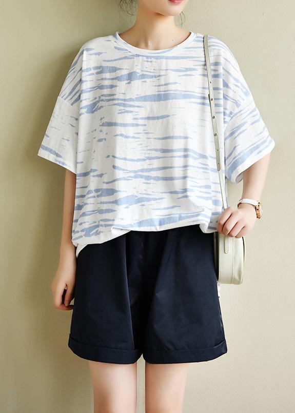 Bohemian o neck half sleeve summer shirts Wardrobes white striped top - SooLinen