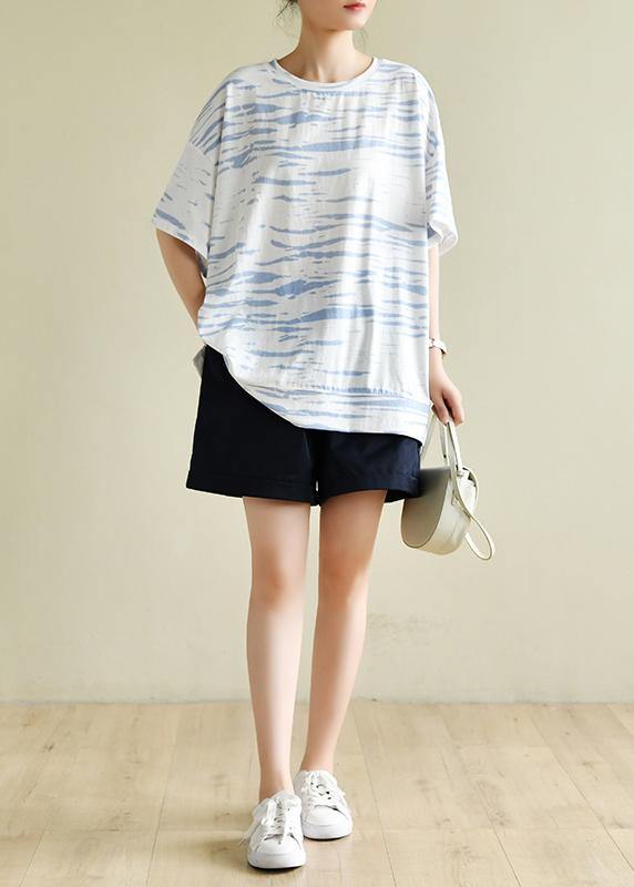 Bohemian o neck half sleeve summer shirts Wardrobes white striped top - SooLinen