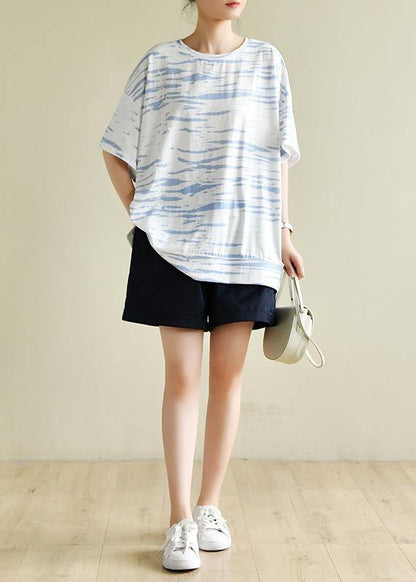 Bohemian o neck half sleeve summer shirts Wardrobes white striped top - SooLinen