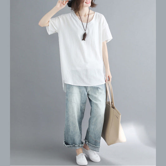 Boho Leinen Tunika Top mit Rundhalsausschnitt Plus Size Work weißes Oversize Top