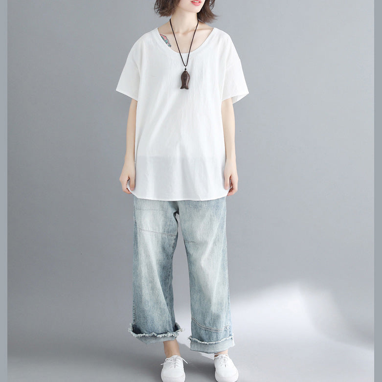 Boho Leinen Tunika Top mit Rundhalsausschnitt Plus Size Work weißes Oversize Top