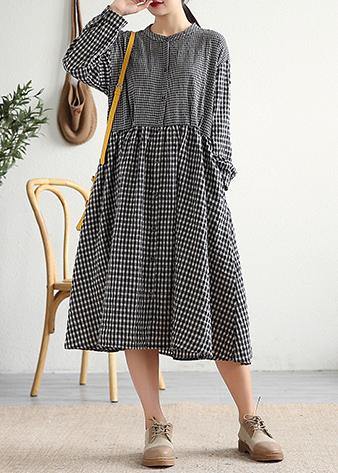 Bohemian o neck patchwork cotton linen Long Shirts Work Outfits black plaid Dress - SooLinen