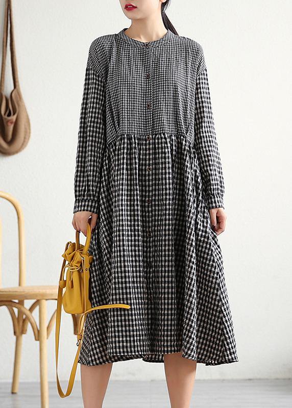 Bohemian o neck patchwork cotton linen Long Shirts Work Outfits black plaid Dress - SooLinen