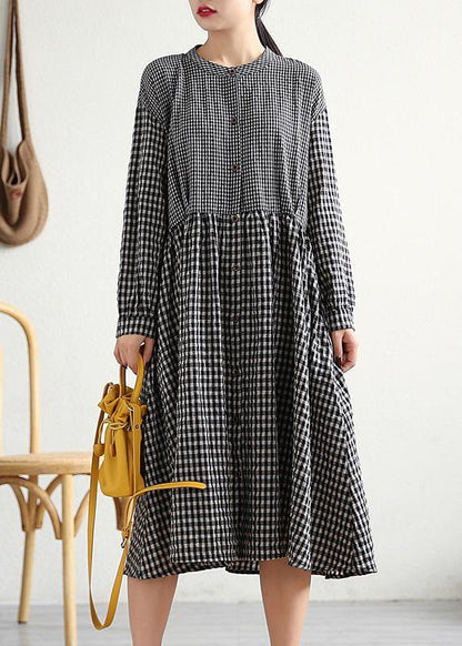 Bohemian o neck patchwork cotton linen Long Shirts Work Outfits black plaid Dress - SooLinen