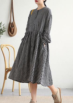 Bohemian o neck patchwork cotton linen Long Shirts Work Outfits black plaid Dress - SooLinen