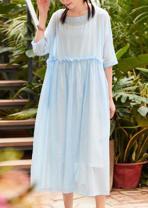Bohemian o neck patchwork linen cotton clothes Catwalk light blue Dress summer - SooLinen