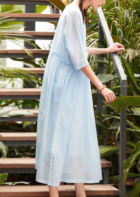 Bohemian o neck patchwork linen cotton clothes Catwalk light blue Dress summer - SooLinen