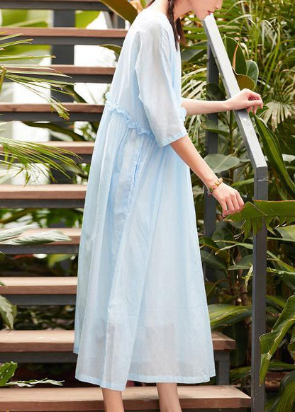 Bohemian o neck patchwork linen cotton clothes Catwalk light blue Dress summer - SooLinen