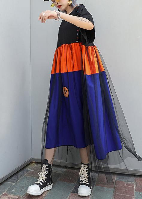 Bohemian o neck patchwork tulle cotton clothes For Women blue Dresses summer - SooLinen