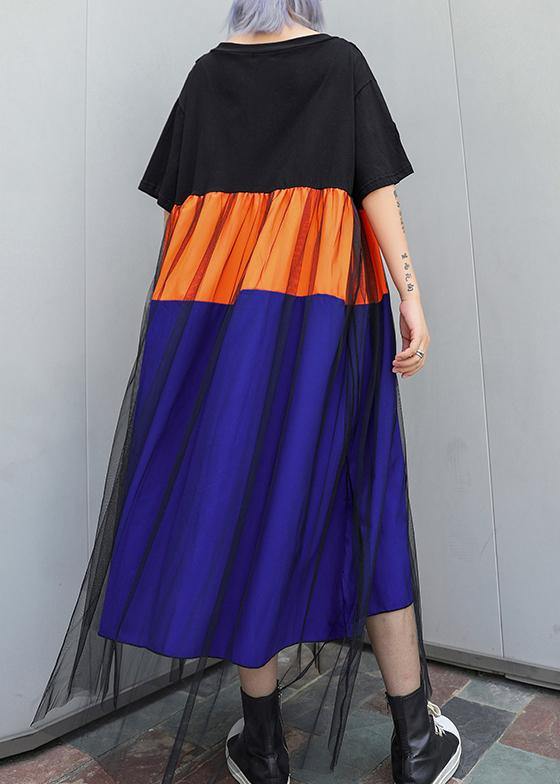 Bohemian o neck patchwork tulle cotton clothes For Women blue Dresses summer - SooLinen