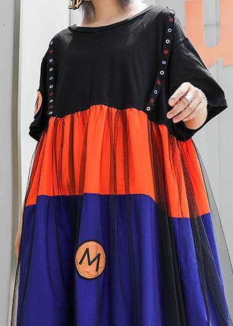 Bohemian o neck patchwork tulle cotton clothes For Women blue Dresses summer - SooLinen