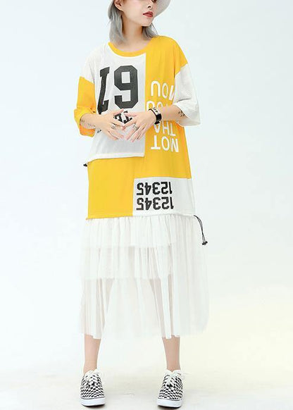 Bohemian o neck patchwork tulle cotton dress yellow print long Dresses summer - SooLinen