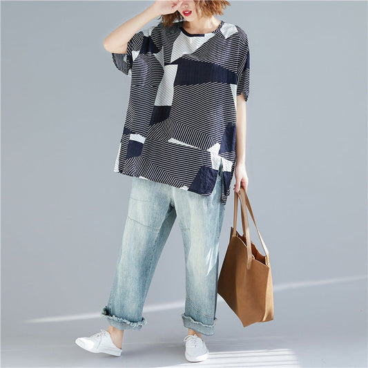 Bohemian O-Ausschnitt seitlich offen Baumwoll-Leinen-Tops Damen Plus Size Work gestreiftes Midi-Top