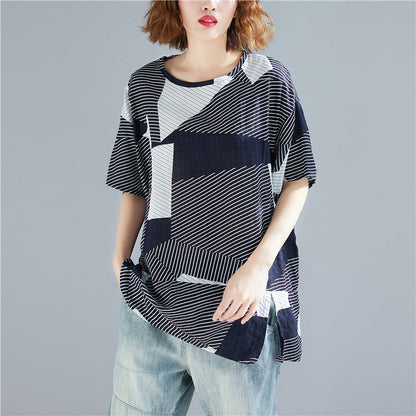 Bohemian O-Ausschnitt seitlich offen Baumwoll-Leinen-Tops Damen Plus Size Work gestreiftes Midi-Top