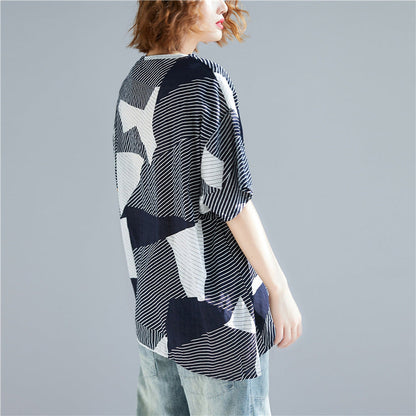 Bohemian O-Ausschnitt seitlich offen Baumwoll-Leinen-Tops Damen Plus Size Work gestreiftes Midi-Top