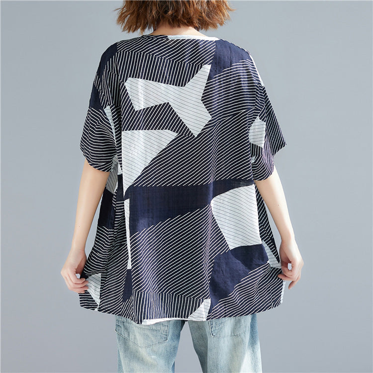 Bohemian O-Ausschnitt seitlich offen Baumwoll-Leinen-Tops Damen Plus Size Work gestreiftes Midi-Top