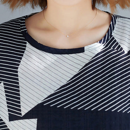 Bohemian O-Ausschnitt seitlich offen Baumwoll-Leinen-Tops Damen Plus Size Work gestreiftes Midi-Top