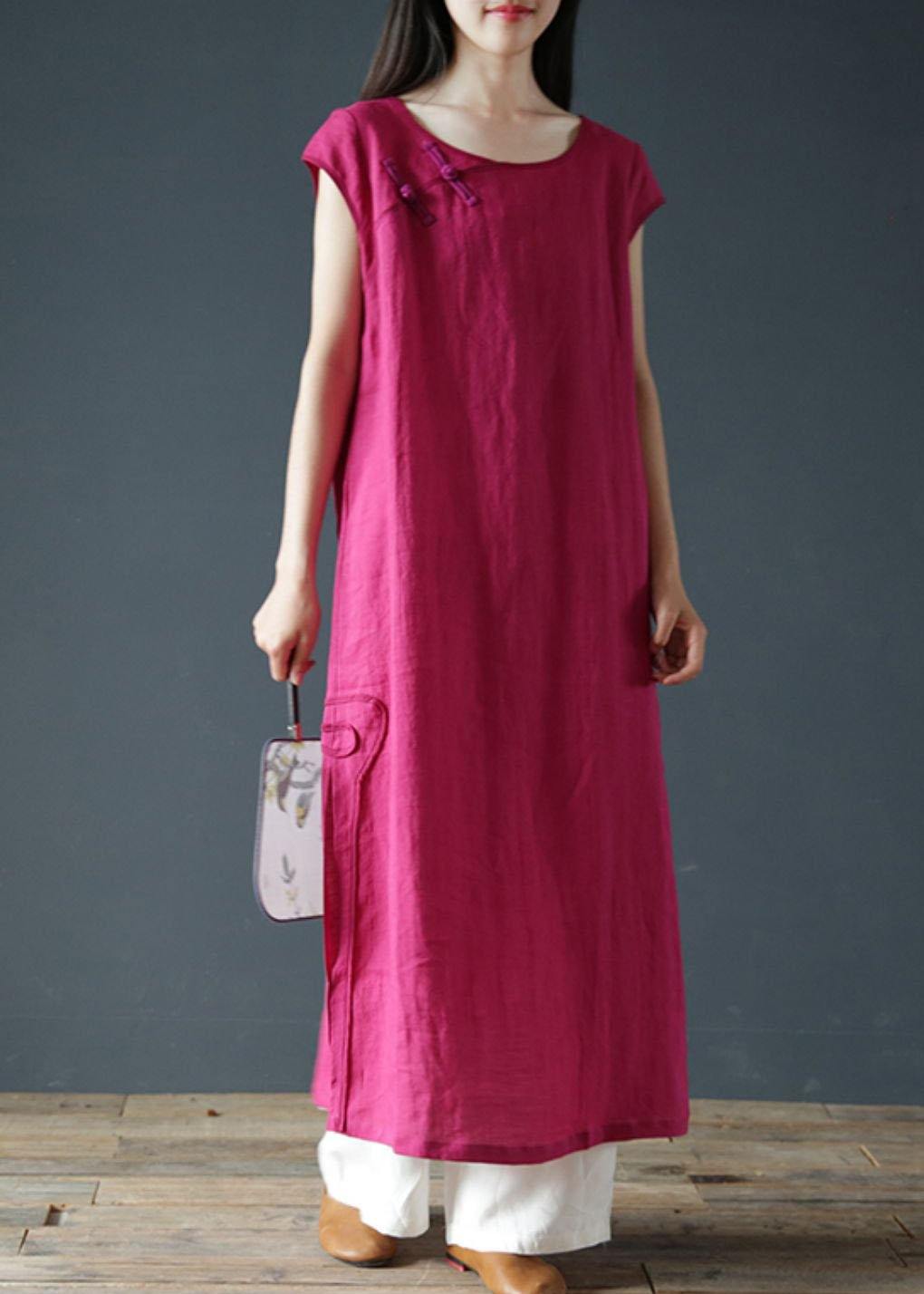 Bohemian o neck side open linen summer clothes For Women Work Outfits rose Dresses - SooLinen