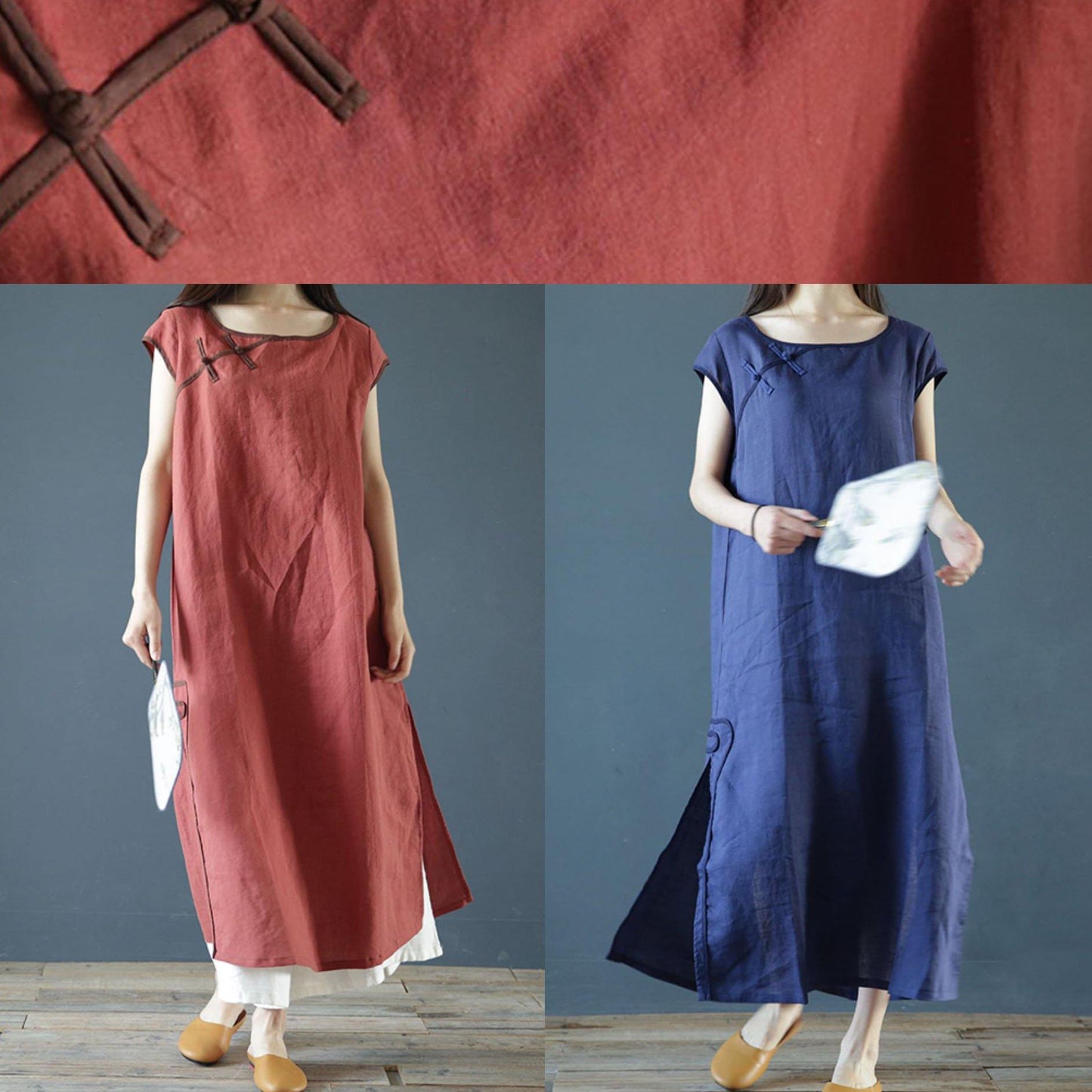 Bohemian o neck side open linen summer clothes For Women Work Outfits rose Dresses - SooLinen