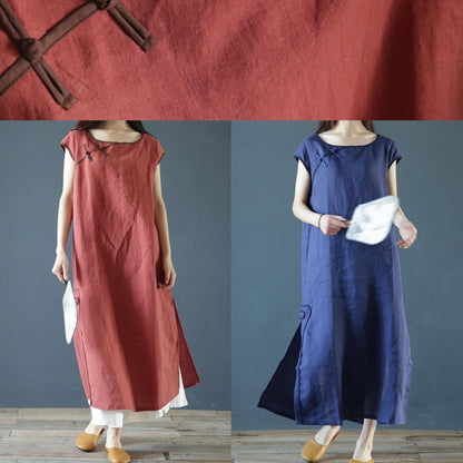 Bohemian o neck side open linen summer clothes For Women Work Outfits rose Dresses - SooLinen