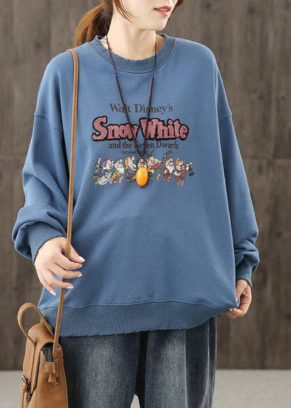 Bohemian o neck top silhouette Shape blue Cartoon print top - SooLinen