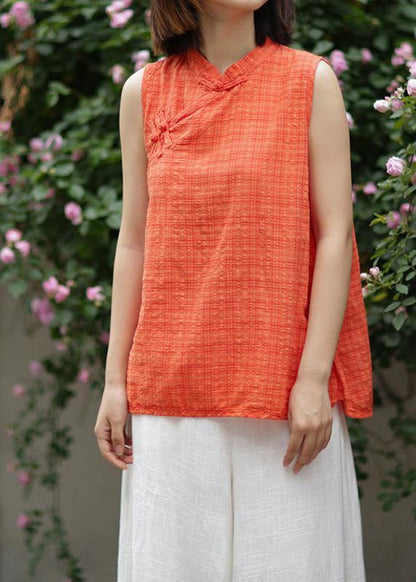 Bohemian ornage plaid cotton clothes stand collar summer tops - SooLinen