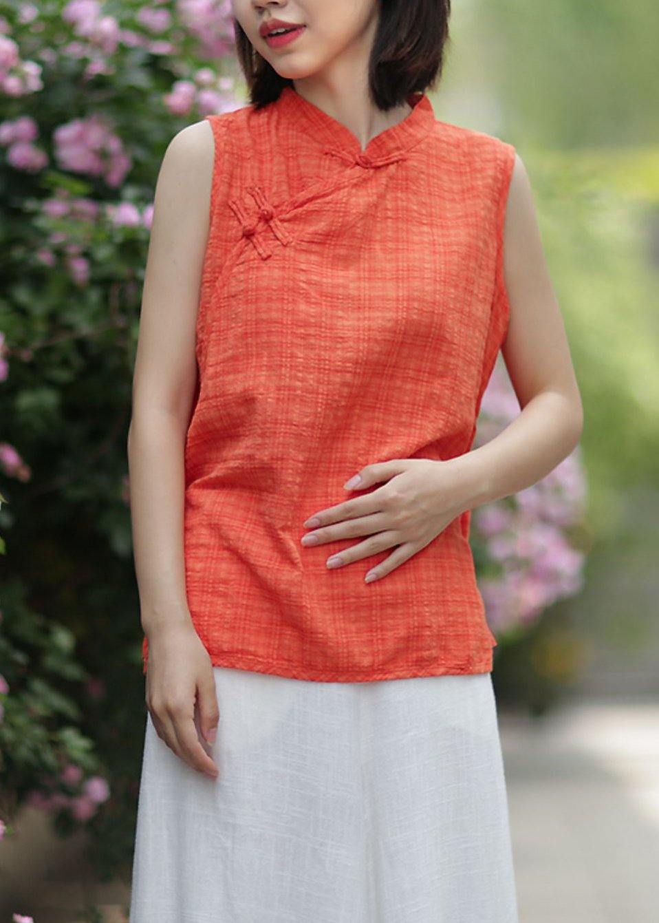 Bohemian ornage plaid cotton clothes stand collar summer tops - SooLinen