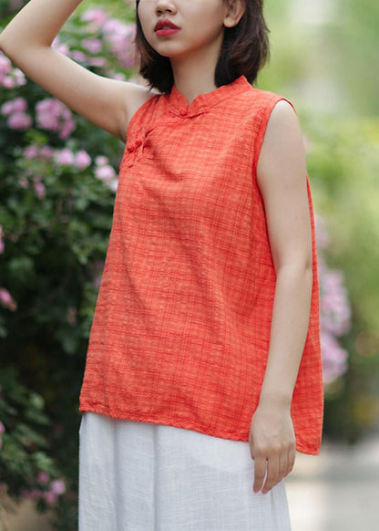 Bohemian ornage plaid cotton clothes stand collar summer tops - SooLinen