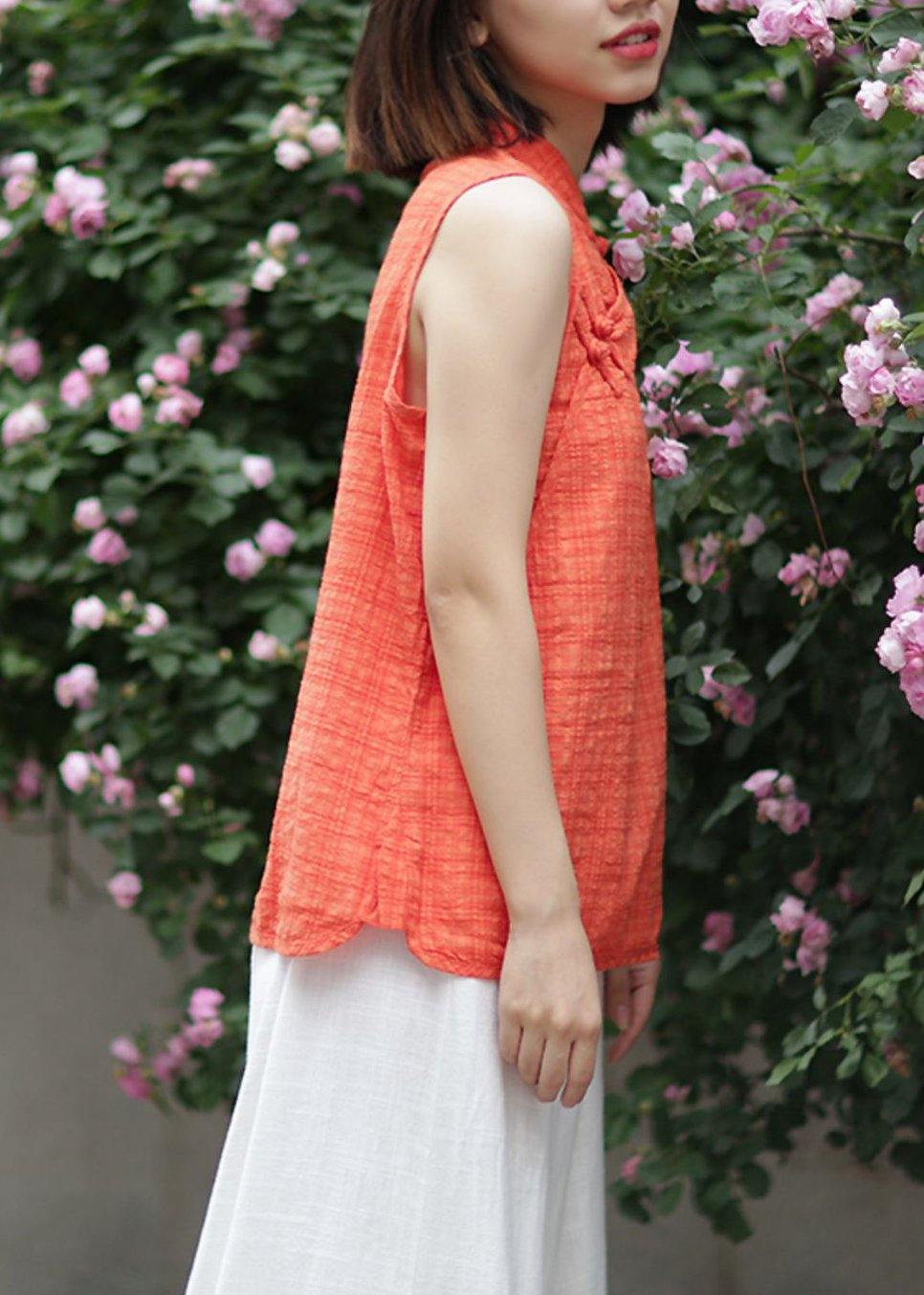 Bohemian ornage plaid cotton clothes stand collar summer tops - SooLinen