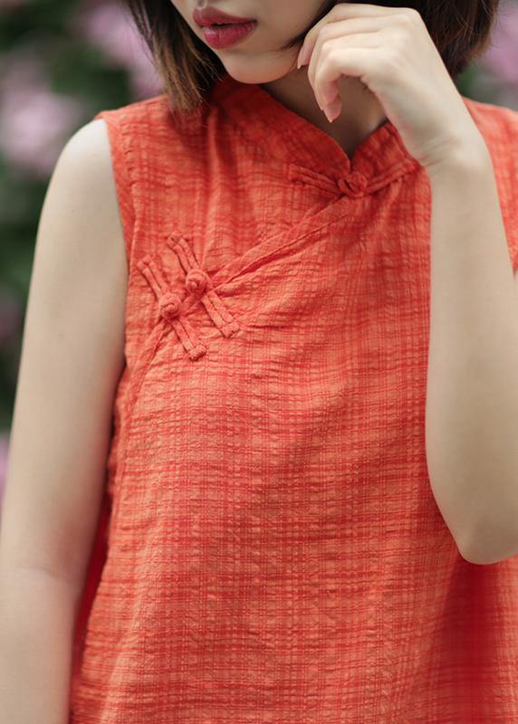 Bohemian ornage plaid cotton clothes stand collar summer tops - SooLinen