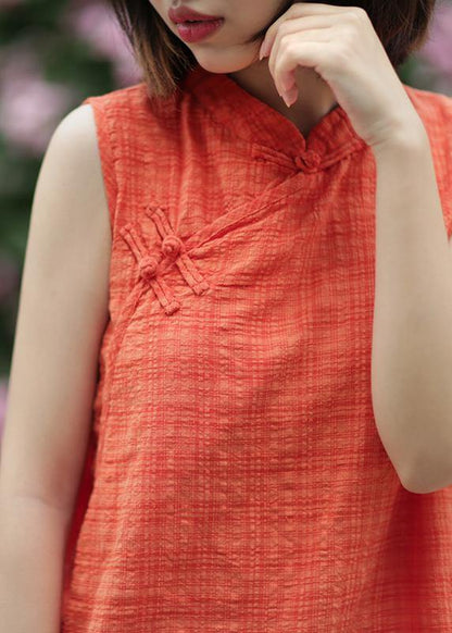 Bohemian ornage plaid cotton clothes stand collar summer tops - SooLinen