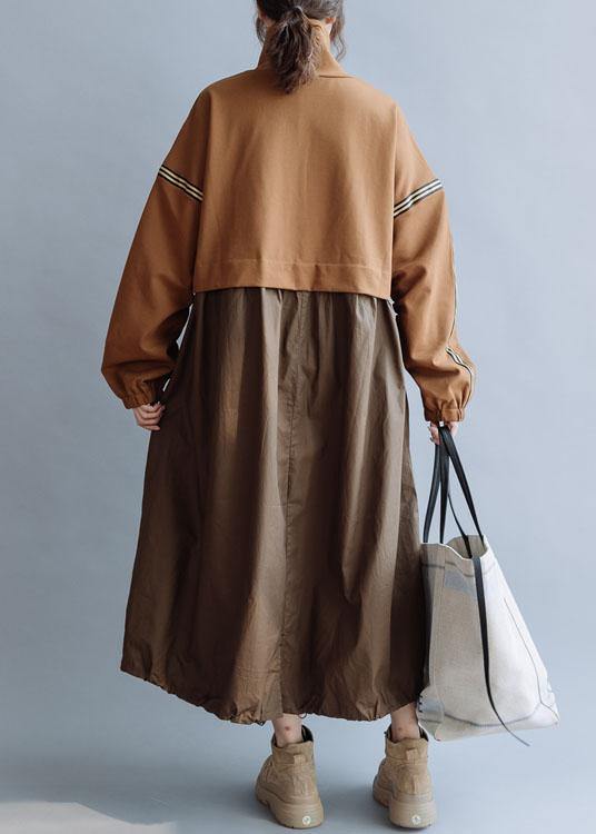 Bohemian patchwork high neck cotton clothes Women Work Outfits brown Traveling Dresses fall - SooLinen