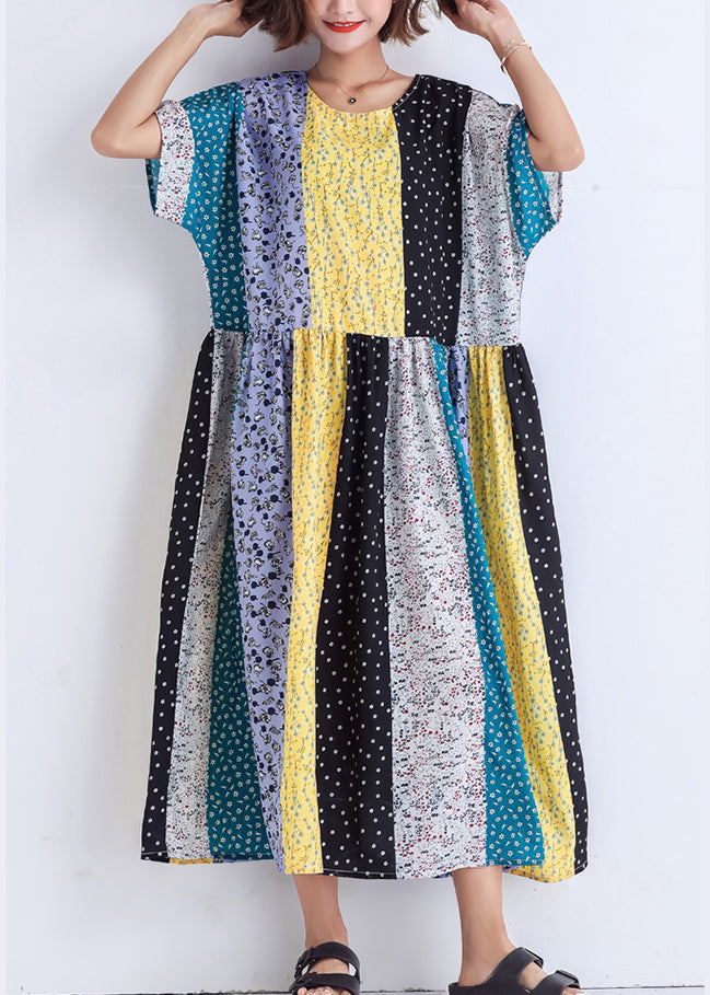 Bohemian Patchwork Leinen Baumwolle Kleiderschränke Boutique Runway mehrfarbig gestreift Robe Kleid Sommer