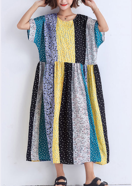 Bohemian Patchwork Leinen Baumwolle Kleiderschränke Boutique Runway mehrfarbig gestreift Robe Kleid Sommer
