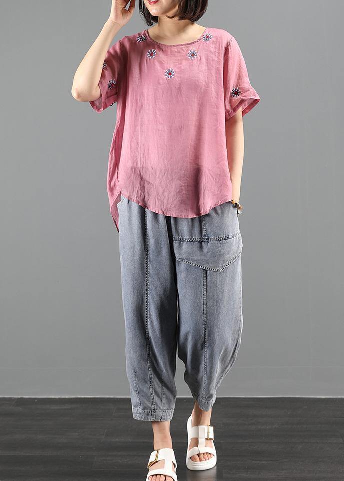 Bohemian pink embroidery tops Work Outfits o neck shirts - SooLinen