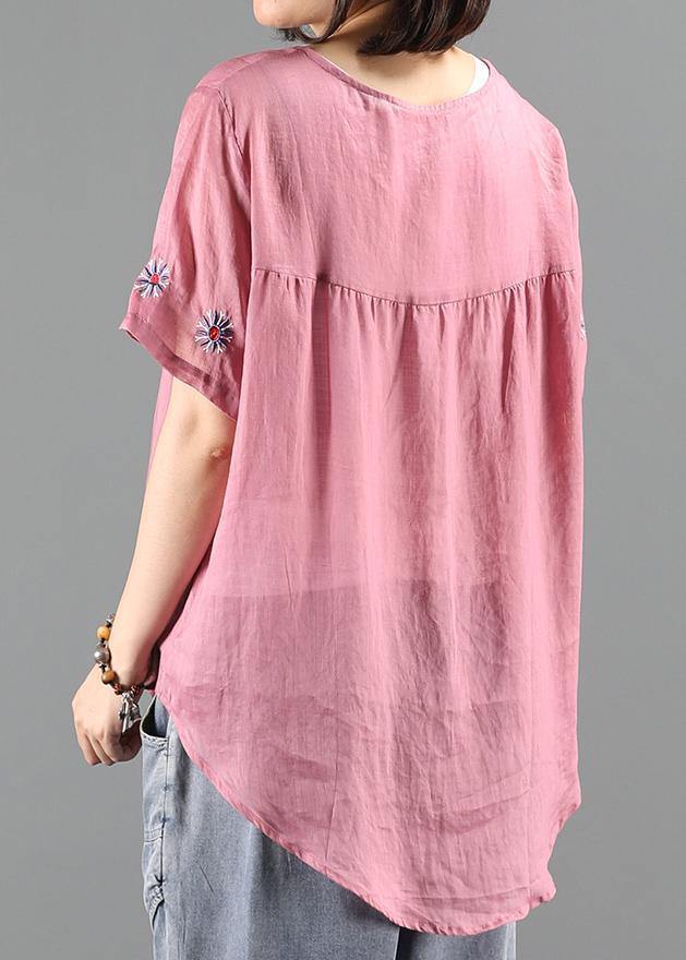 Bohemian pink embroidery tops Work Outfits o neck shirts - SooLinen