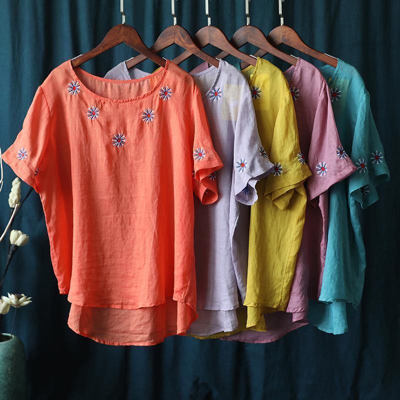 Bohemian pink embroidery tops Work Outfits o neck shirts - SooLinen