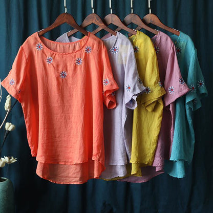 Bohemian pink embroidery tops Work Outfits o neck shirts - SooLinen