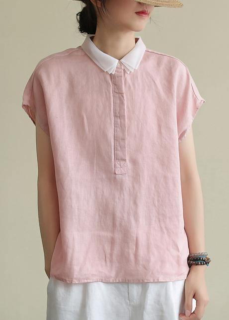 Bohemian pink linen clothes lapel side open short top - SooLinen
