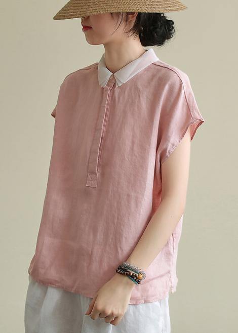 Bohemian pink linen clothes lapel side open short top - SooLinen
