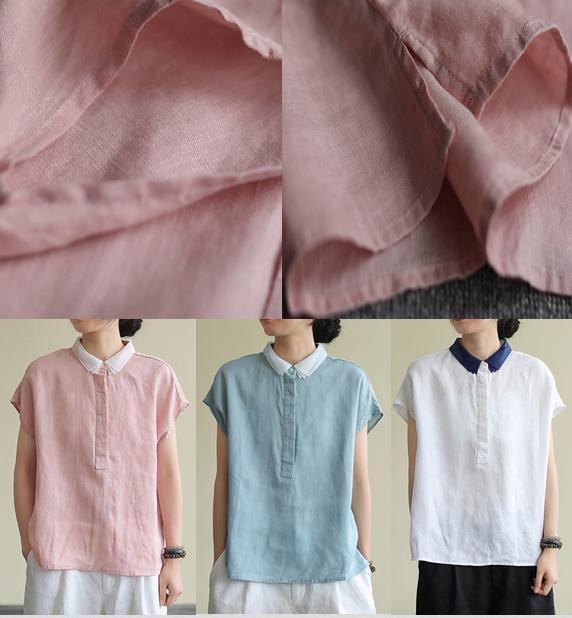 Bohemian pink linen clothes lapel side open short top - SooLinen