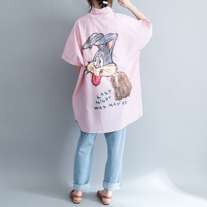 Böhmische rosa gestreifte Baumwollkleidung Süßigkeiten Outfits Revers Stickerei tägliche Kleider