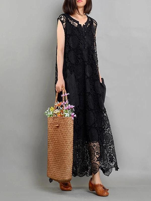 Bohemian pockets asymmetric summer Long black Dress - SooLinen